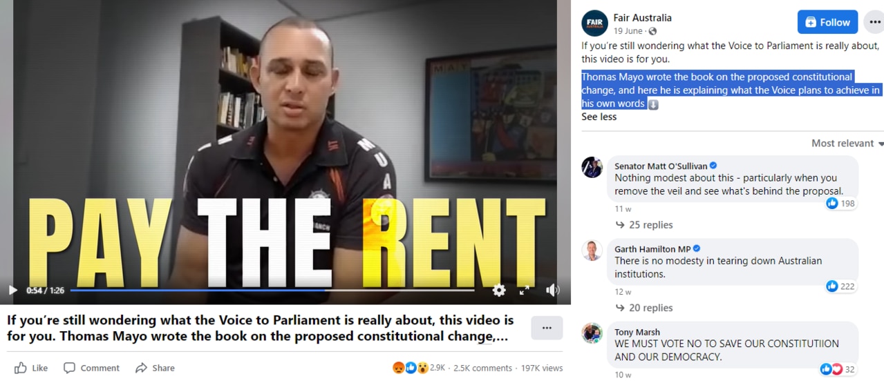 Indigenous campaigner for the Voice Thomas Mayo features in videos shared by Fair Australia, which runs the No campaign.