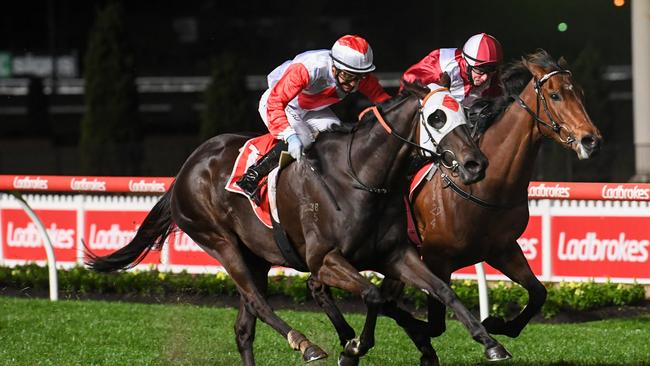 Mystic Journey wins the Stocks Stakes at Moonee Valley in September.