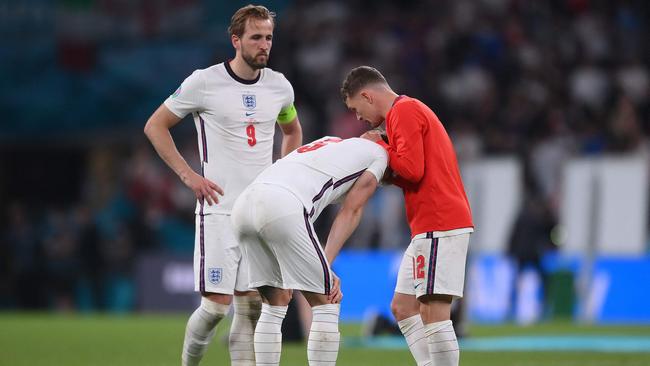 Harry Kane, John Stones and Kieran Trippier after the final result. Picture: AFP Photo