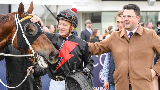 Blake Shinn with trainer Mitchell Beer after his horse Mnementh won the Santa Ana Lane Sprint Series Final at Flemington Racecourse on July 01, 2023 in Flemington, Australia. (Photo by Brett Holburt/Racing Photos via Getty Images)