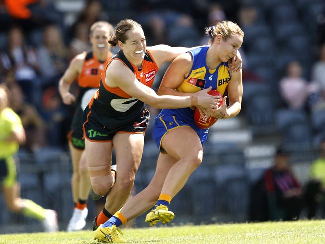 Huntington lays a tackle during the Giants’ lone win this AFLW season against West Coast. Picture: Phil Hillyard