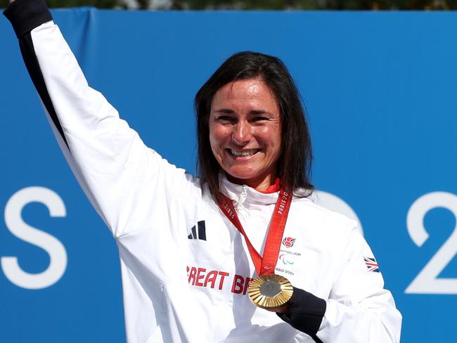 PARIS, FRANCE - SEPTEMBER 04: Gold medalist Sarah Storey of Team Great Britain poses for a photo during the Para Cycling Road Women's C5 Individual Time Trial Medal Ceremony on day seven of the Paris 2024 Summer Paralympic Games at  on September 04, 2024 in Paris, France. (Photo by Michael Steele/Getty Images)