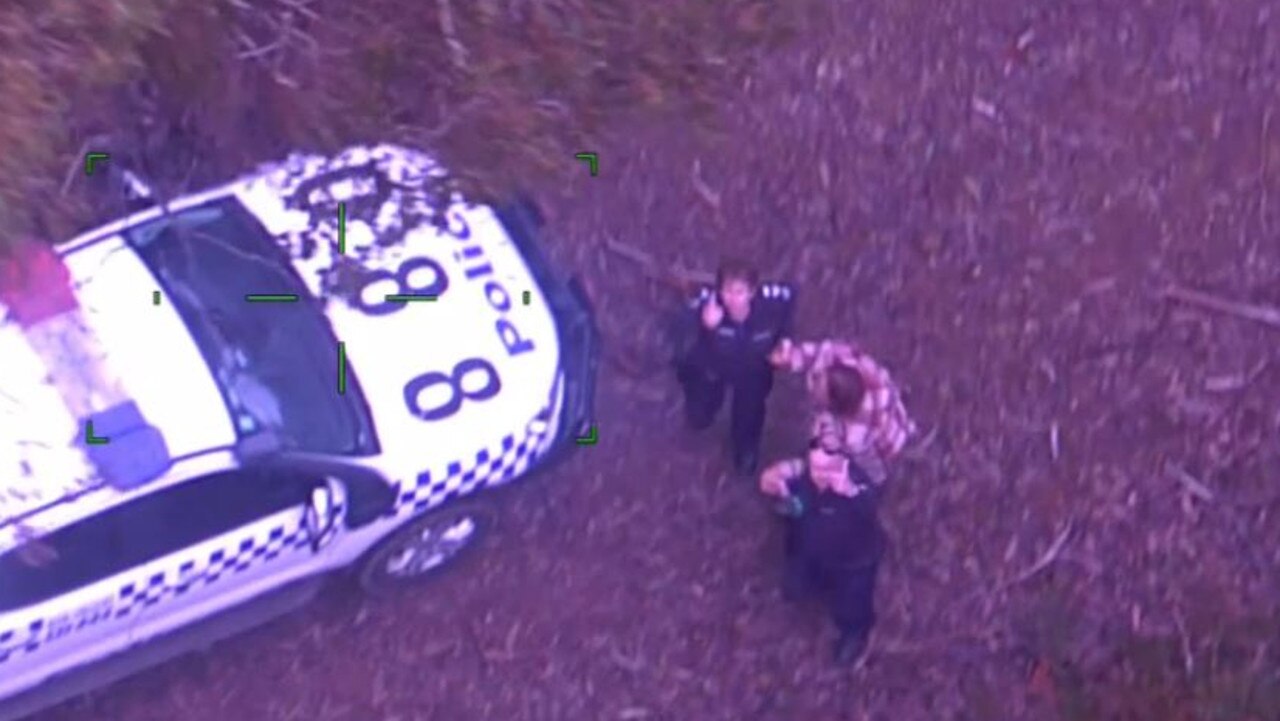 Found 'safe and well', Lillian was taken to hospital for observation and to be treated for dehydration, while police were seen giving a ‘thumbs up’ to the search helicopter. Picture: Victoria Police