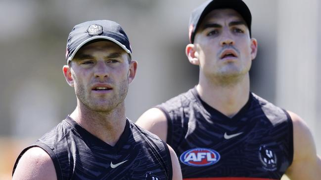 NCA. MELBOURNE, AUSTRALIA. 11th November 2024. AFL.  Collingwood training at Olympic Park . Tom Mitchell and Brayden Maynard of the Magpies  on the first official day back for the 1-4 year players .  Picture: Michael Klein