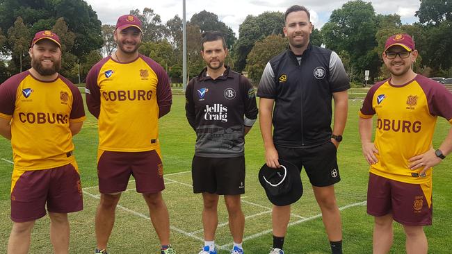 Old Bombers (from left) Aaron Shellie, Fletcher Stewart, Karl Mayne, Matt Doric and Aaron Ayre. Picture: Ben Higgins