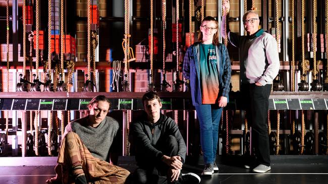 Ashley Dunn, Ryan Henshaw, Zepheryn Rosewood and Harry Dewar from acting group Squadron of Fools, at The Hopgood Theatre in Adelaide. Picture; AAP Morgan Sette.