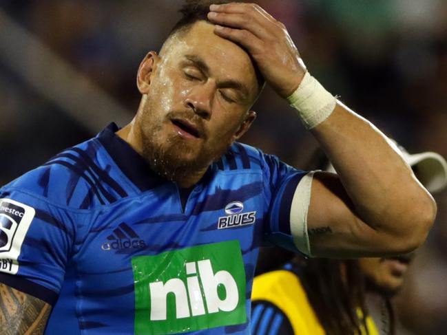 BUENOS AIRES, ARGENTINA - MARCH 02: Sonny Bill Williams of Blues reacts during a Super Rugby Rd 3 match between Jaguares and Blues at Jose Amalfitani Stadium on March 2, 2019 in Buenos Aires, Argentina. (Photo by Daniel Jayo/Getty Images)