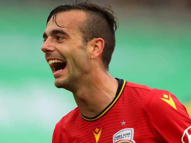 GOSFORD, AUSTRALIA - NOVEMBER 16: Nikola Mileusnic of Adelaide United celebrates a goal during the round 6 A-League match between the Central Coast Mariners and Adelaide United at Central Coast Stadium on November 16, 2019 in Gosford, Australia. (Photo by Tony Feder/Getty Images)