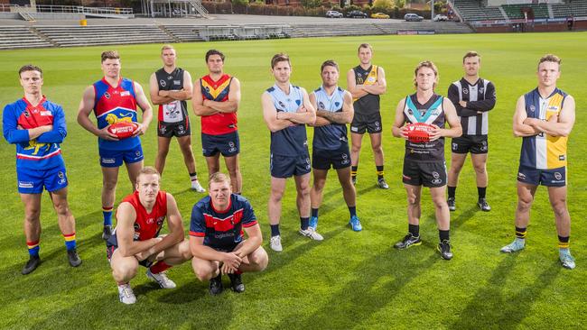 SFL 2021 captains; Huonville Callum Rawson and James McIndoe, Brighton Connor Salter and Joel Millhouse (Front), New Norfolk Josh Farrow, Dodges Ferry Cambell Hooker, Lindisfarne Kieren Rogers and Jack Gleeson, Hobart Brad Joseph, Cygnet Rhys Jennings, Claremont Jake Williams and Claremont Jake Williams. Picture: Richard Jupe