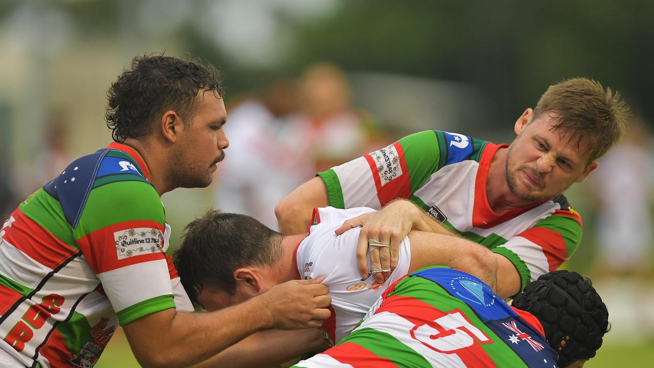 Souths’ half Tian Nichols puts in a tackle on a Nightcliff player. Picture: Pema Tamang Pakhrin