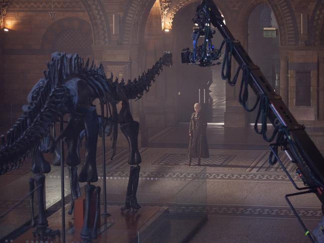 Old bones, new blood ... A movie scene featuring a dinosaur display at the Natural History Museum, where scientists have recently discovered dinosaur blood. Picture: StudioCanal