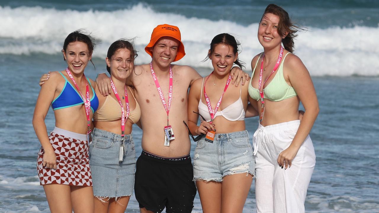 Schoolmates Sienna Scott, Lara Cleland, James Turner, Maddy Skirzyk and Mia Freeman from Victoria Point High School at Surfers Paradise. Picture: Jason O'Brien