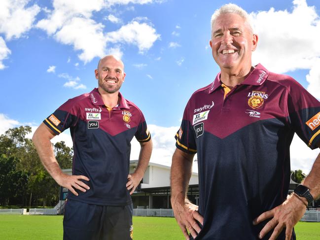 Brisbane Lions coach Chris Fagan (right) is relieved preparations for the new season remain on track despite the ongoing battle with Covid-19. Picture: John Gass