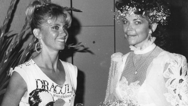 Singer and actress, Olivia Newton-John, and German recording engineer, Renate Blauel, at the wedding of Renate and Elton John. Picture: News Corp