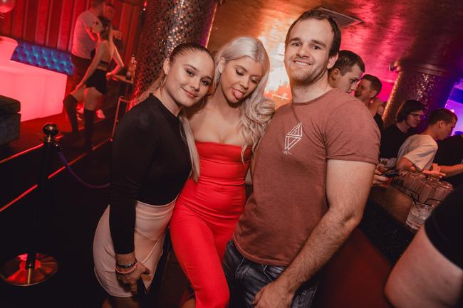 Kayla Miller-Grace, Chloe Kemp and James Bowman at The Bedroom nightclub, Surfers Paradise