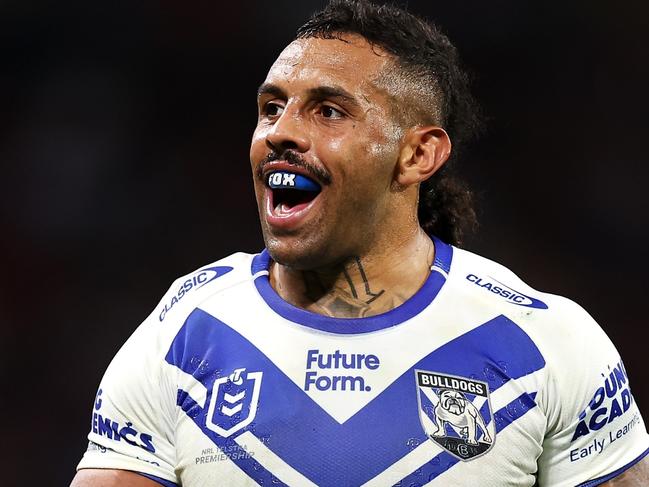 BRISBANE, AUSTRALIA - MAY 17: Josh Addo-Carr of the Bulldogs looks on during the round 11 NRL match between Canberra Raiders and Canterbury Bulldogs at Suncorp Stadium, on May 17, 2024, in Brisbane, Australia. (Photo by Hannah Peters/Getty Images)