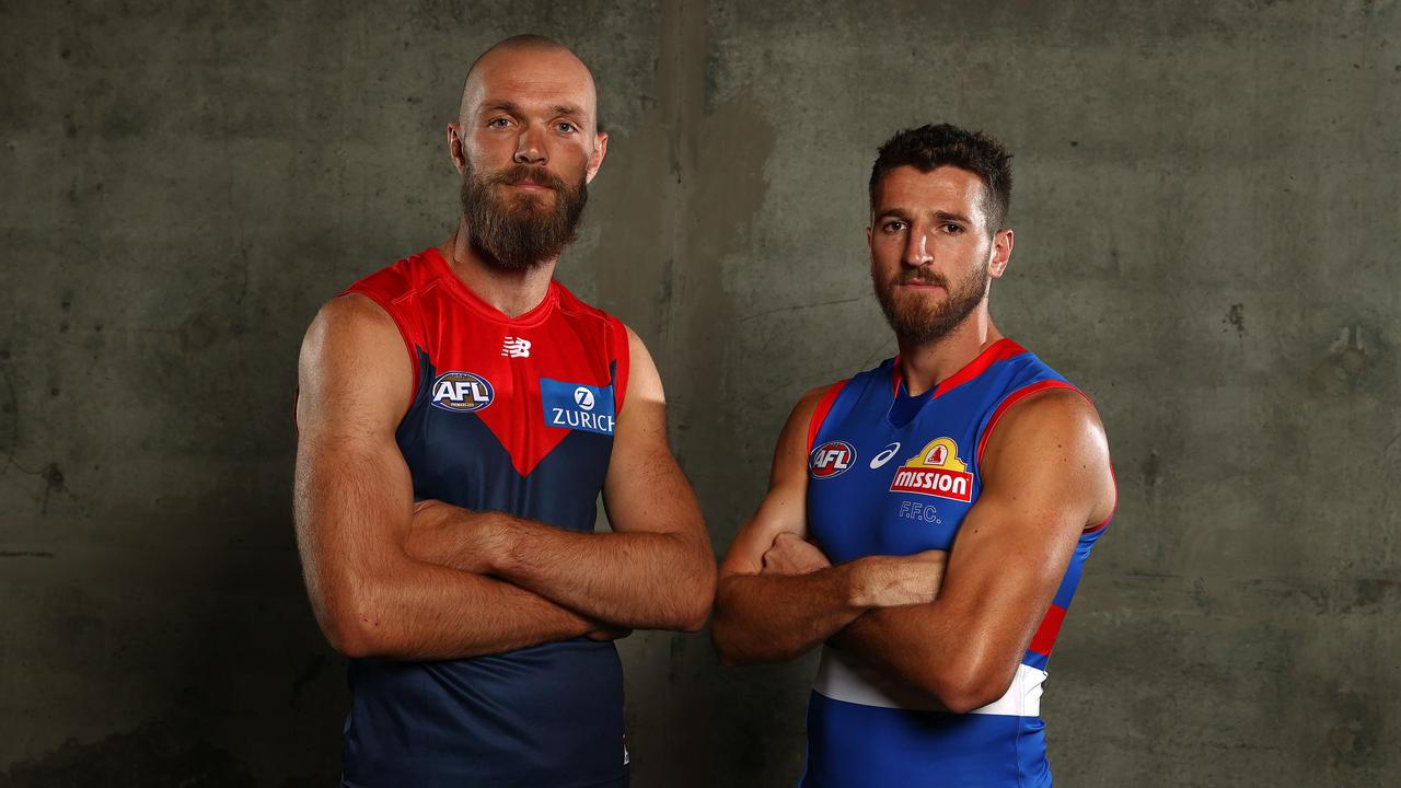 Melbourne skipper Max Gawn and Western Bulldogs captain Marcus Bontempelli. Picture: Michael Klein