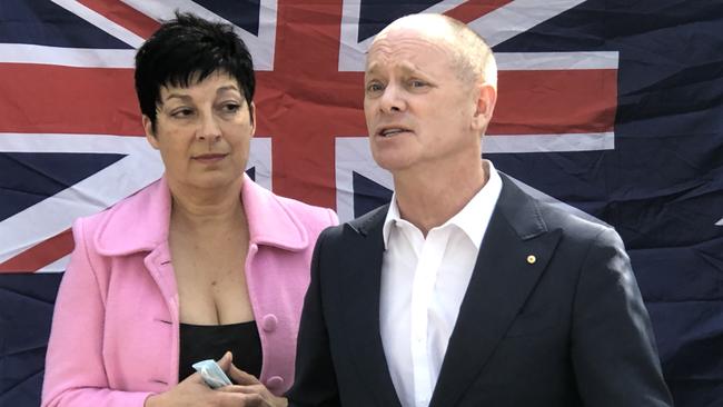 Campbell Newman with his wife Lisa announces he will run for the Senate with the Liberal Democrat party at the next Federal election. Picture: Steve Pohlner