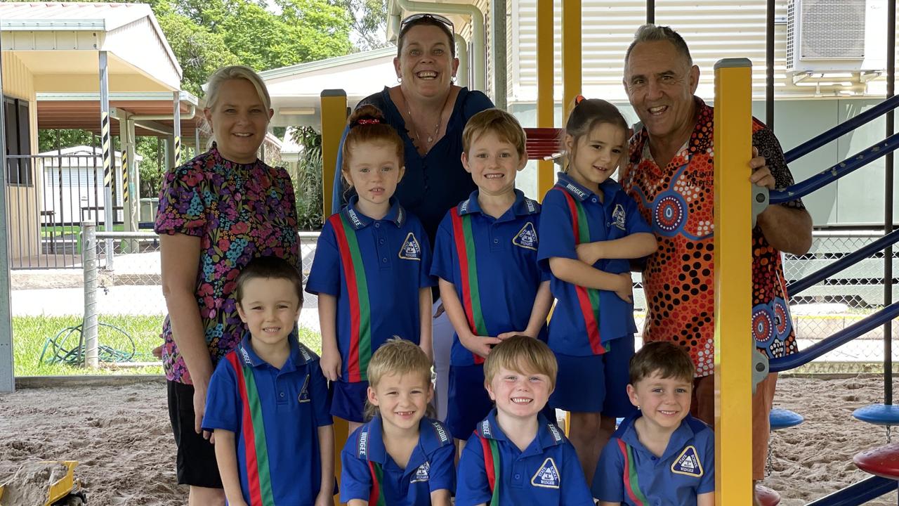 Widgee State School Preps 2024. (Back from left): Jack, Matilda, Jackson, Eve (front from left) Will, Archer, Harry. Teachers: Jo Carter, Kate Anderson (principal), Rob Andrews. Gympie My First Year 2024.