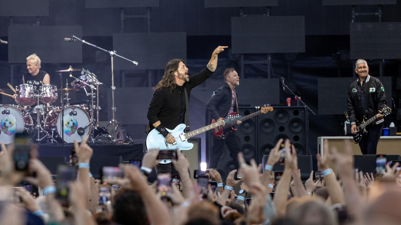 Dave Grohl plays with Foo Fighters at Coopers Stadium. Picture: Emma Brasier