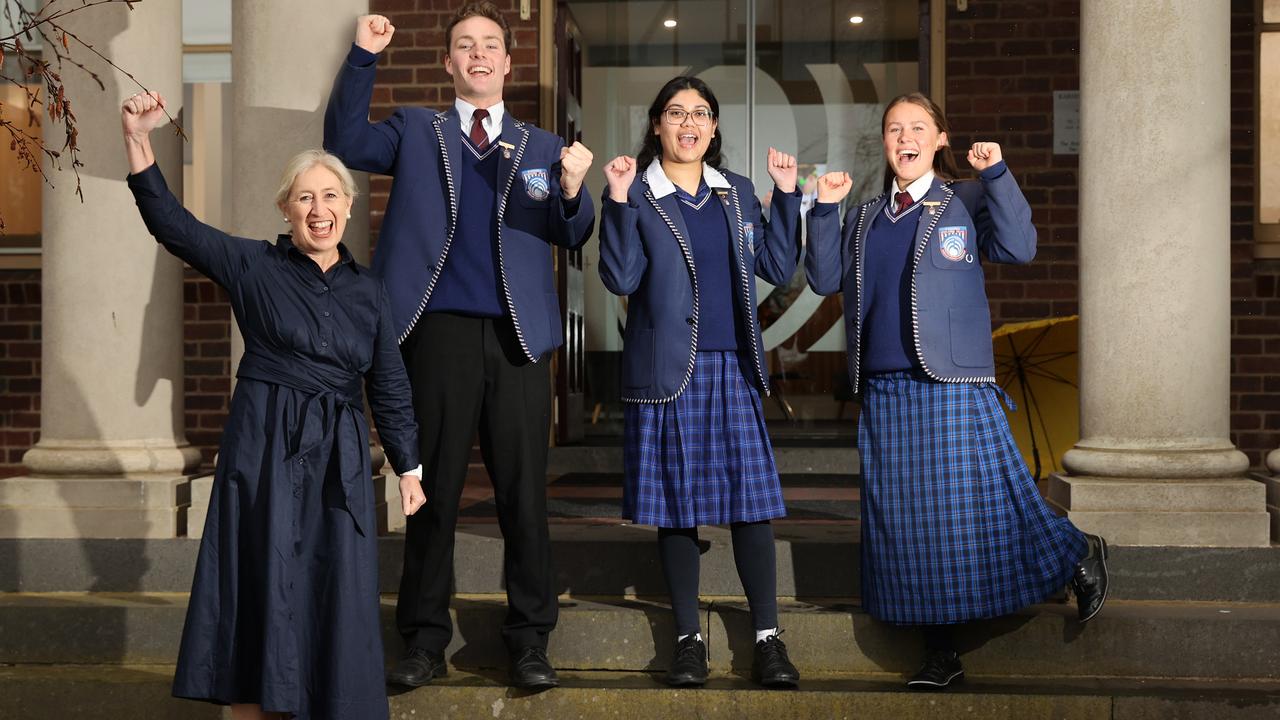 Kardinia College has been ranked in the top seven per cent of Victorian schools for Better Education rankings. Pictured celebrating is principal Catherine Lockhart with College captains James Leahy, Fadilah Mahmood and prefect Leisel Huddart. Picture: Alison Wynd