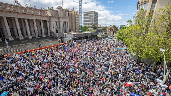 The large crowd outside state parliament on Saturday. Picture: Jason Edwards