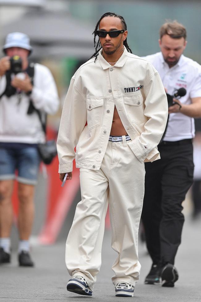 Lewis Hamilton wears Tommy Jeans and Louis Vuitton at the Azerbaijan GP.