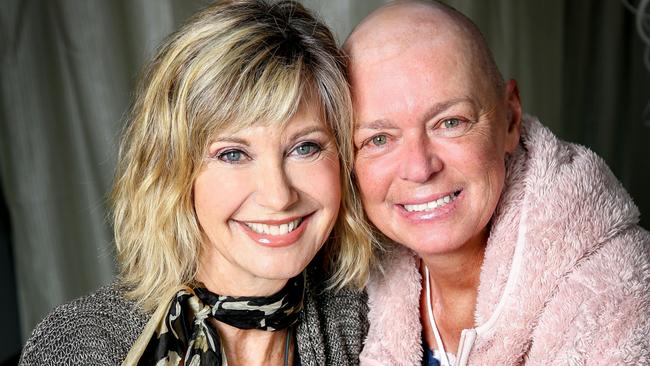 Olivia Newton-John with bone marrow transplant recipient Sharon Mydlar. Picture: Nicole Cleary