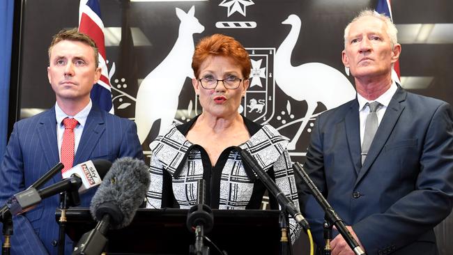 One Nation leader Pauline Hanson, flanked by James Ashby, left, and Steve Dickson, at a press conference in response to Al Jazeera videos. Picture: BRADLEY KANARIS/GETTY