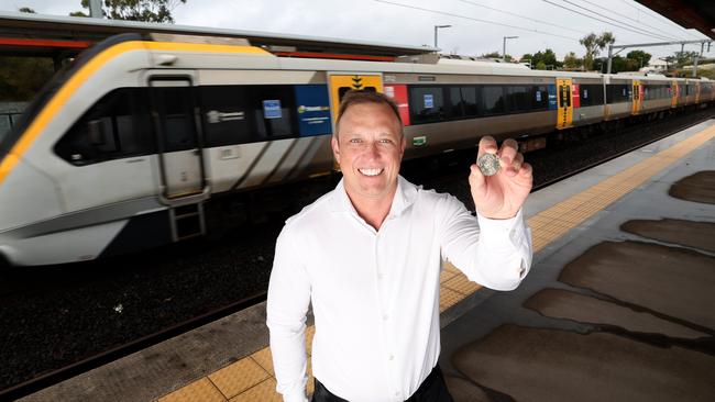 Premier Steven Miles at the Mango Hill Train Station for the launch of 50c fares. Picture: Annette Dew