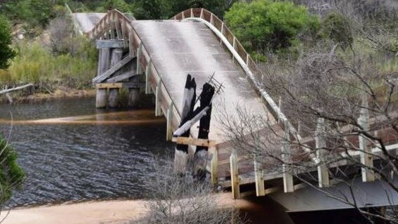 The damaged Thurra River bridge in East Gippsland. Picture: Rylee Pardew