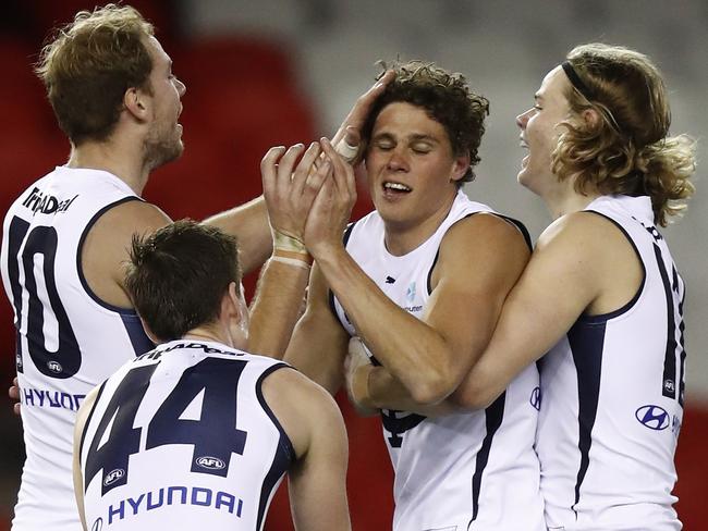 MELBOURNE, AUSTRALIA - JULY 30: Charlie Curnow of the Blues celebrates a goal  during the round 20 AFL match between St Kilda Saints and Carlton Blues at Marvel Stadium on July 30, 2021 in Melbourne, Australia. (Photo by Darrian Traynor/Getty Images)