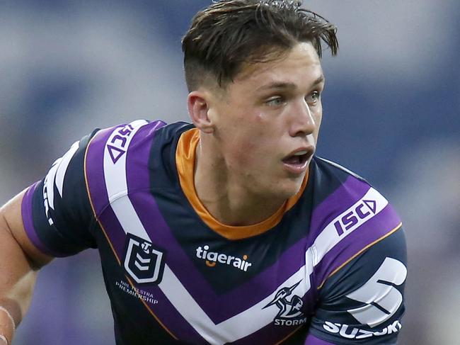 GEELONG, AUSTRALIA - FEBRUARY 22: Scott Drinkwater of the Storm runs with the ball during the NRL Trial Match between the Melbourne Storm and the New Zealand Warriors at GMHBA Stadium on February 22, 2019 in Geelong, Australia. (Photo by Darrian Traynor/Getty Images)