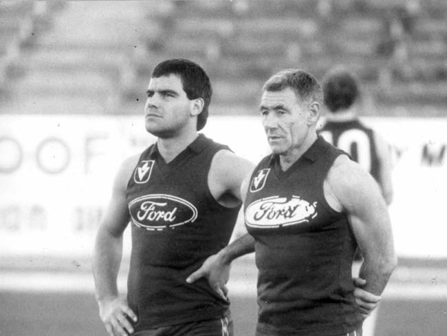 Greg Williams with Geleong coach Tom Hafey in 1985.