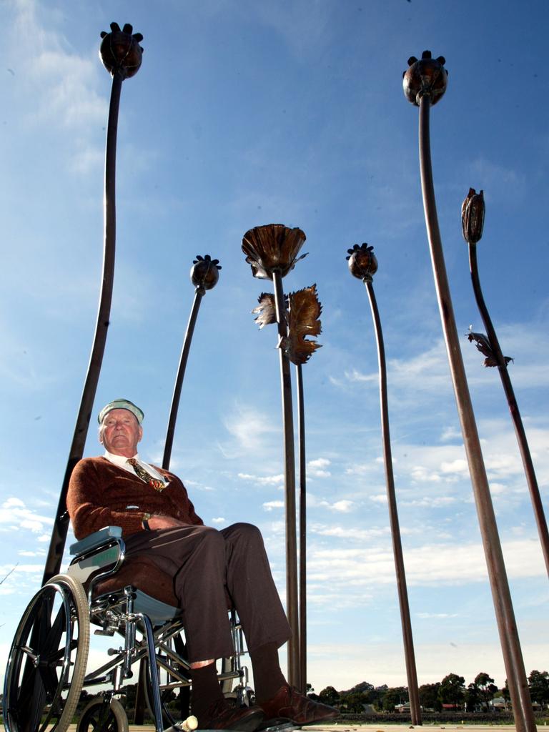 Art Sculpture Poppy Memorial by artist Peter Hjort at Devonport Portrait Poppy industry pioneer Stephen King admiring the memorial which consists of seven copper poppies and is attributed to his nineteen years of work to establish the poppy industry in Tasmania