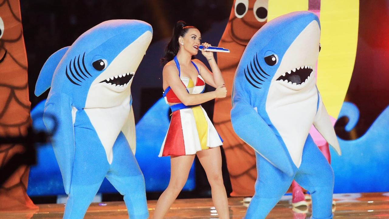 2015: While fans loved Katy Perry’s half time show, it didn’t go unnoticed that the shark on the left clearly didn’t know the choreography. Picture: Christopher Polk/Getty Images