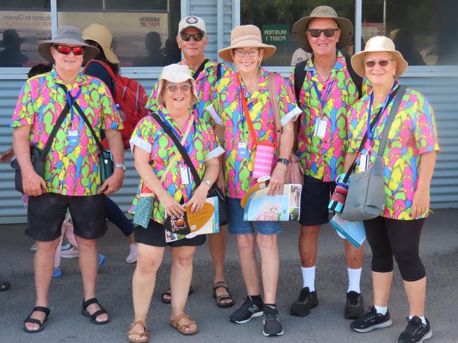 Picture: Elise Graham. Interstate passengers disembark P&O Pacific Adventure at Darwin port. Noreen Stephens, John Stephens, Kaye McInerney, Tim McInerney, Robyn Brown, Graham Brown.