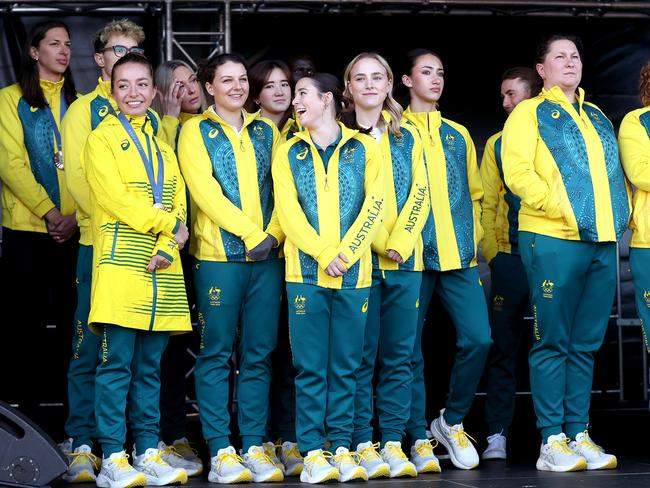 MELBOURNE, AUSTRALIA - SEPTEMBER 14: Olympians look on during a Welcome Home Event for Australia's Olympian and Paralympians at Olympic Park on September 14, 2024 in Melbourne, Australia. (Photo by Kelly Defina/Getty Images)