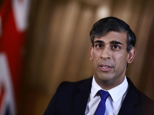 UK Prime Minister Rishi Sunak records a statement about the Iranian attacks on Israel overnight, at 10 Downing Street on Sunday. Picture: Benjamin Cremel/WPA Pool/Getty Images