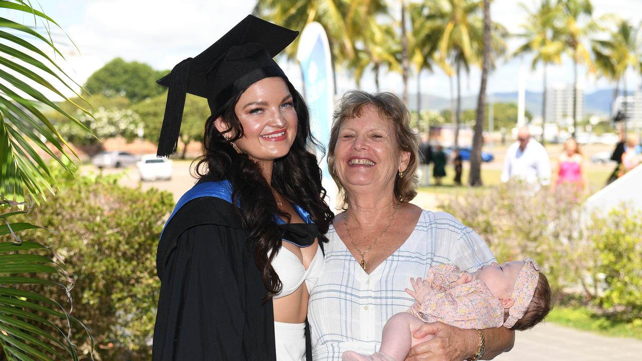 Jordan Rea, Jacqueline Mustard and Charlotte Angus at the James Cook University 2023 Graduation. Picture: Shae Beplate.