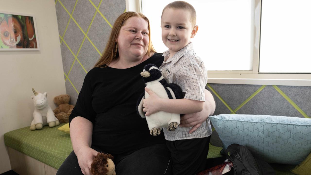 Dustin, 6, and his mum Tina Cole at Ronald McDonald House while he’s going through treatment. Picture: Kelly Barnes