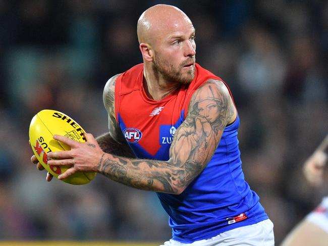 Nathan Jones of the Demons during the Round 14 AFL match between the Port Adelaide Power and the Melbourne Demons at Adelaide Oval in Adelaide, Friday, June 22, 2018. (AAP Image/David Mariuz) NO ARCHIVING, EDITORIAL USE ONLY