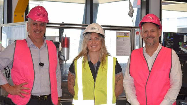 Manufacturing Minister Dale Last, NRLW Cowboys player and TAFE student Makenzie Weale and Cowboys chief executive Jeff Reibel at TAFE Bohle campus, Townsville.
