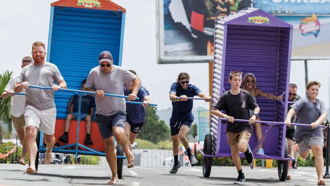 Teams compete in the annual Australia Day Outback Dunny race at Glenview on the Sunshine Coast. Picture: Lachie Millard