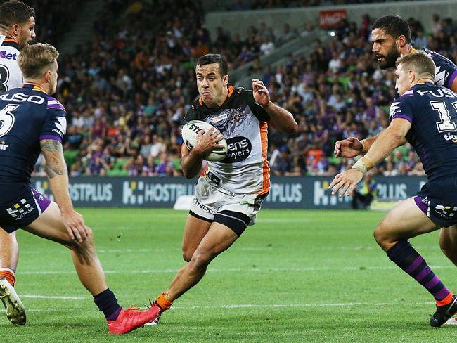 Wests Tigers surprise packet Corey Thompson can’t keep it up. Picture: Getty Images