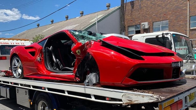 A Ferrari was severely damaged after a single vehicle crash on the Princes Hwy at St Peters on November 15 2021. Picture: First Choice Towing