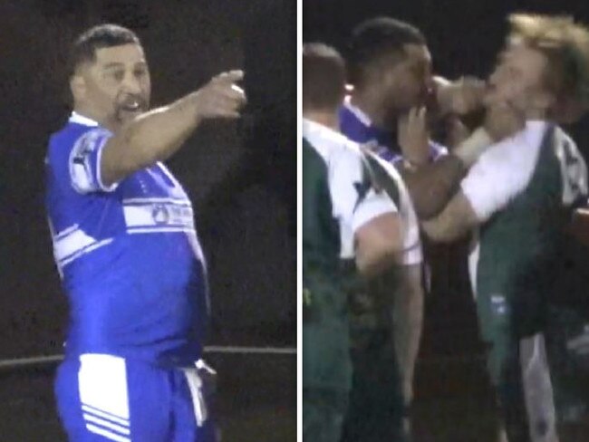 John Hopoate threatens an opponent (L) after coward-punching him in a confrontation