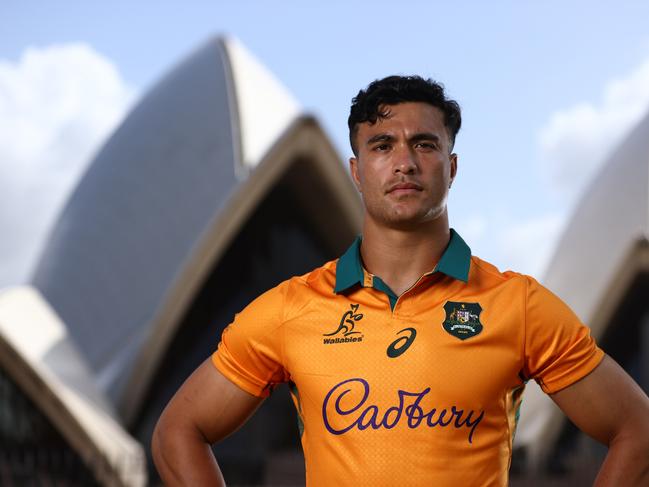 SYDNEY, AUSTRALIA - OCTOBER 29: Joseph-Aukuso Suaalii poses during the Wallabies jersey launch for the 2025 British & Irish Lions Tour at The Royal Botanic Gardens on October 29, 2024 in Sydney, Australia. (Photo by Jason McCawley/Getty Images)