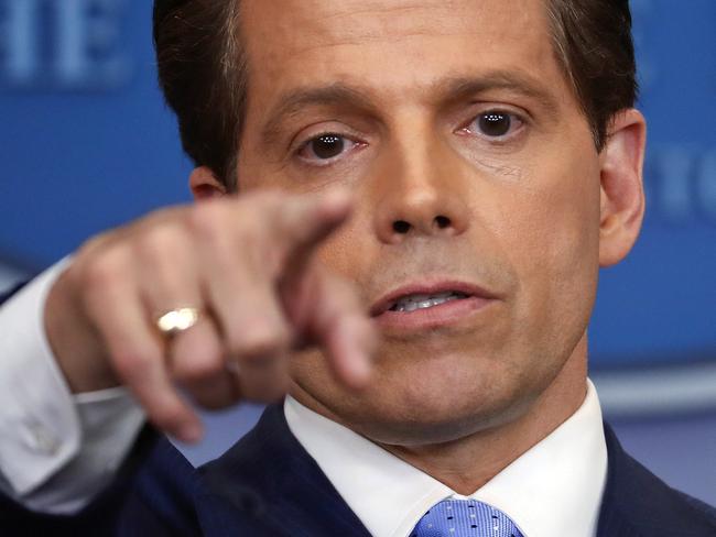 Then-White House communications director Anthony Scaramucci points as he answers questions from members of the media during the press briefing in the Brady Press Briefing room of the White House. Picture: AP