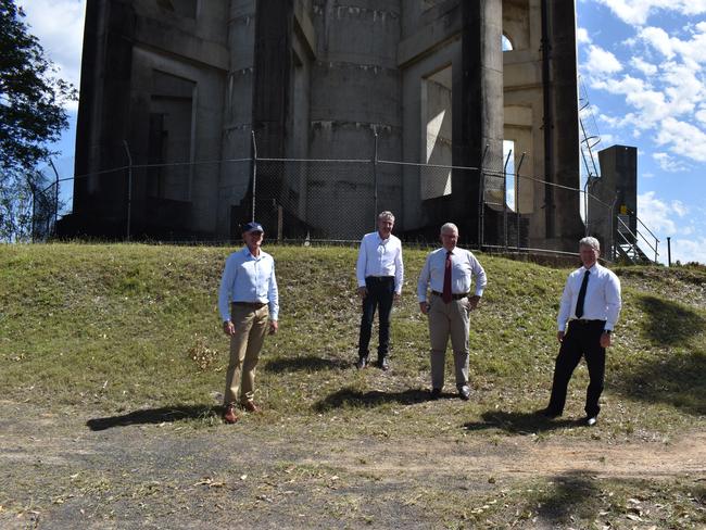 Page MP Kevin Hogan with Richmond Valley Council Mayor Robert Mustow and Federal Local Government Minister Mark Coulton and Richmond Valley Council general manager Vaughan Macdonald at the Casino water tower.